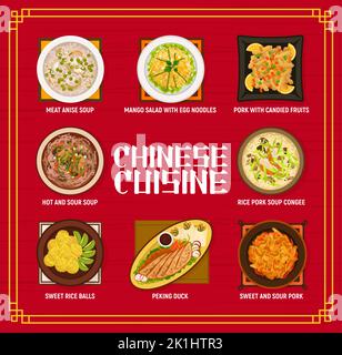 Menu du restaurant de cuisine chinoise. Soupe à l'anis, boulettes de riz et porc au riz soupe à l'élastique, porc aigre et doux, porc aux fruits confits et canard de Pékin, soupe chaude et aigre, salade de mangue aux nouilles aux œufs Illustration de Vecteur