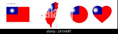 Icône drapeau Taïwan définie. Fennant taïwanais dans les couleurs et les proportions officielles. Rectangulaire, en forme de carte, en forme de cercle et de coeur. Illustration vectorielle plate Illustration de Vecteur