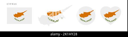 Icône drapeau chypriote définie. Pénitence chypriote dans les couleurs et les proportions officielles. Rectangulaire, en forme de carte, en forme de cercle et de coeur. Illustration vectorielle plate i Illustration de Vecteur