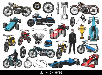 Vélos de course, bolides et voitures de course, speedway Motorcycle et icônes de vecteur de motocross. Véhicules et pièces de course de sport, piston de soupape de moteur, casque de course avec drapeau de stat ou de finition et coupe de victoire Illustration de Vecteur