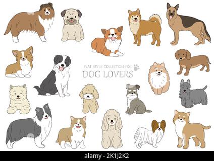 Ensemble de chiens caricaturistes mignons dessinés à la main, isolés sur Un fond blanc. Illustration de style plat vectoriel. Illustration de Vecteur