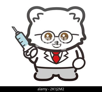 Chat mignon caricaturiste médecin tenant Une seringue. Illustration vectorielle isolée sur un fond blanc. Illustration de Vecteur