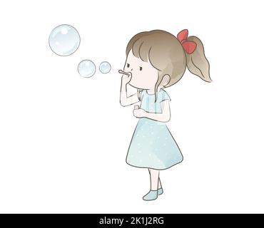 Aquarelle Cute Girl Blowing Bubbles isolé sur Un fond blanc. Illustration naïve de vecteur. Illustration de Vecteur