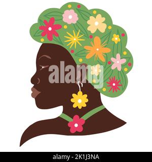 Illustration dessinée à la main d'une femme afro-américaine noire avec des fleurs dans la tête de cheveux en profil. Santé mentale bien-être harmonie esprit psychologie concept, énergie de guérison penser vert design, la mode d'été Banque D'Images