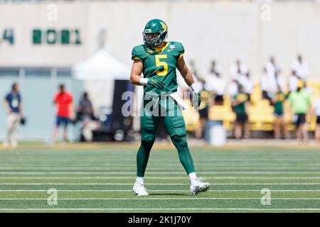 Le linebacker des Baylor Bears Dillon Doyle (5) contre les Bobcats du Texas State lors d'un match de football universitaire de la NCAA au McLane Stadium samedi, 17 septembre 2022, à Waco, Tfournisseurs Baylor a gagné 42-7. (Eddie Kelly/image du sport) Banque D'Images