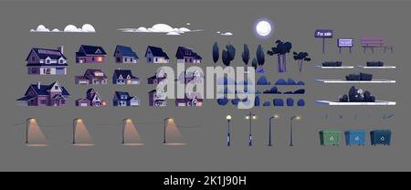 Éléments de paysage de nuit de rue suburbain avec maisons, arbres, poubelles, lanternes, pleine lune et nuages. Village ou banlieue bâtiments de quartier, parterres de fleurs, buissons, banc, ensemble de dessins animés vectoriels Illustration de Vecteur