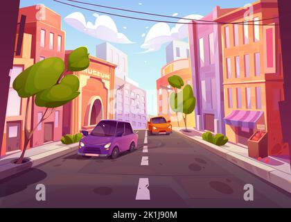 Voitures roulant sur la route de la ville sur fond de paysage urbain avec des bâtiments, des arbres, une place de marché, un musée et une passerelle. Automobiles qui roulent sur l'autoroute asphaltée à l'heure du jour, illustration vectorielle de Cartoon Illustration de Vecteur
