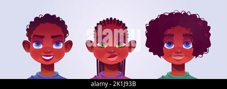 Avatars de garçon noir, visages de jeunes hommes. Adolescents afro-américains avec cheveux bouclés et dreadlocks, yeux bleus ou verts. Portraits d'adolescents pour réseaux sociaux, illustration vectorielle de dessin animé Illustration de Vecteur