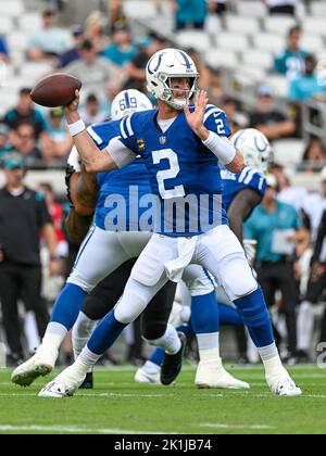 Jacksonville, Floride, États-Unis. 18th septembre 2022. Matt Ryan (2), le quart-back des Indianapolis Colts, lors de 1st demi-match de football de la NFL entre les Indianapolis Colts et les Jacksonville Jaguars au TIAA Bank Field de Jacksonville, en Floride. Roméo T Guzman/CSM/Alamy Live News Banque D'Images