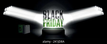 Inscription « Black friday Modern 3D » sur les spots du podium avec des sacs pour l'affiche promotionnelle de liquidation saisonnière. Modèle de bannière vecteur large d'offre de remise. Plus grande vente de l'année, shopping traditionnel. Illustration de Vecteur