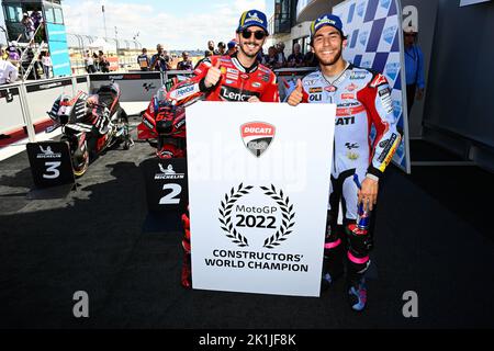 Aragon, Espagne. 18th septembre 2022. Courses de la marque Animoca Grand Prix d'Aragon de MotoGP au circuit Motorland. Aragon, 18 septembre 2022 en photo: Francesco Bagnaia et Enea Bastianini Carreras del Gran Premio Animoca marque de MotoGP de Aragon en el circuito de Motorland. Aragon 18 de Septiembre de 2022 POOL/ MotoGP.com/Cordon les images de presse seront à usage éditorial exclusif. Crédit obligatoire: © motogp.com crédit: CORMON PRESSE/Alay Live News Banque D'Images