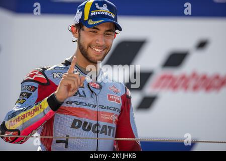 Alcaniz, Espagne. 18th septembre 2022. ENEA Bastianini de Gresini Racing célèbre après avoir remporté le champion lors de la course du Grand Prix d'Aragon à Alcaniz, Espagne, le 18 septembre 2022. Credit: Qian Jun/Xinhua/Alay Live News Banque D'Images