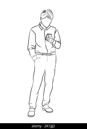 Dessin de Black Outline homme d'affaires debout et utilisant le smartphone pour la technologie de connexion arrière-plan blanc isolé Illustration de Vecteur