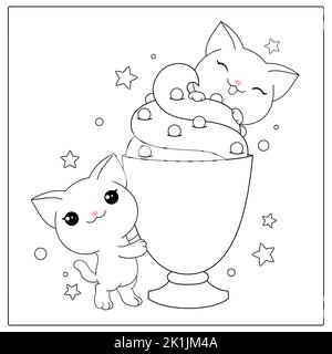 Motif noir et blanc pour colorier. Page de coloriage de kawaii avec de jolis chatons. Deux chats adorables avec un milk shake. Livre de coloriage pour les enfants et les adultes. Illustration de Vecteur