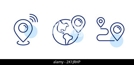Ensemble de pointeurs de carte indiquant l'emplacement. Epingler le globe terrestre et le suivi de trajectoire. Pixels Perfect, icônes de contour modifiables Illustration de Vecteur