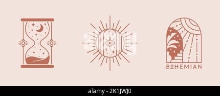 Logos de boho. Éléments de design tendance pour la magie, ésotérique, psychologie, thérapie alternative, spirituelle, céleste, et d'autres thèmes. Vecteur. Illustration de Vecteur