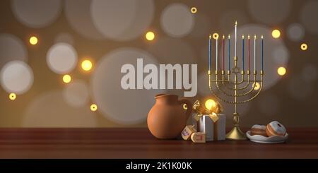 3D rendu image de vacances juives Hanukkah avec menorah ou Candelabra traditionnel, boîte gif, bocal et rêdels en bois ou dessus tournant sur un dos brun Banque D'Images