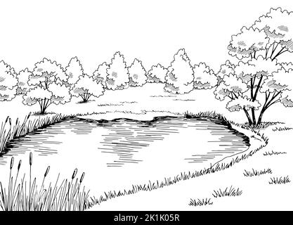 Pond Graphic noir blanc paysage dessin illustration vecteur Illustration de Vecteur