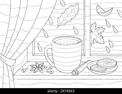 Automne fenêtre coloriage livre graphique noir blanc esquisse illustration vecteur Illustration de Vecteur