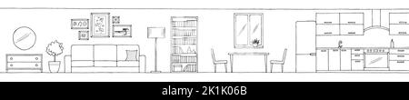 Intérieur de l'appartement graphique noir blanc long dessin illustration vecteur Illustration de Vecteur
