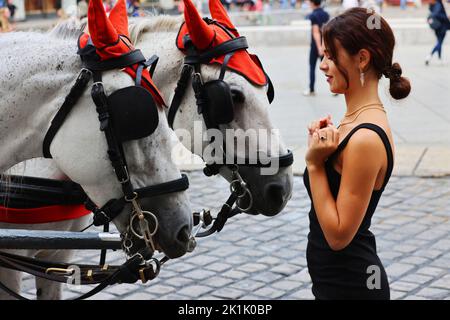 Adolescent, Frau, Wien schöne Frau, Kutsche, Fiaker, Wien, Pferdekutsche oder Fiaker BEI romantischer Fahrt durch die Hauptstadt, Vienne, Österreich! Banque D'Images