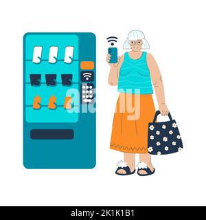 Paiement sans contact de Granparents à l'aide d'un téléphone portable. Paiement de l'application pour smartphone sans carte pour grand-mère senior. Génération de personnes âgées femme nouvelles technologies. Oldies utilise un distributeur automatique. Illustration vectorielle. Illustration de Vecteur