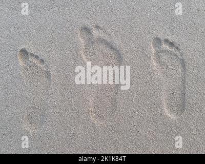 Trois empreintes humaines de tailles variées sur le sable d'une plage tropicale. Banque D'Images