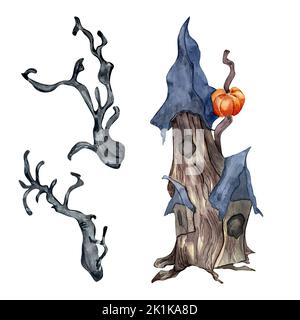 Halloween fantaisiste maison en bois aquarelle illustration isolée sur blanc. Ancienne tour avec citrouille, maison hantée style dessin animé main. Design ele Banque D'Images