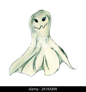 Bonne illustration d'aquarelle du sourire fantôme isolée sur fond blanc. Un petit tour, un joli fantôme dessiné à la main. Élément de design pour la fête d'Halloween, symbole Banque D'Images