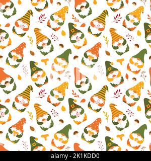 Motif sans couture avec de jolis gnomes d'automne tenant des champignons, des feuilles, des brindilles dans leurs mains. Toile de fond des nains de forêt de dessins animés pour papier d'emballage, wallpap Illustration de Vecteur