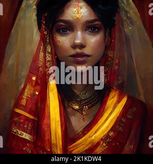 Portrait conceptuel généré numériquement d'une mariée indienne dans une robe de mariage traditionnelle Banque D'Images