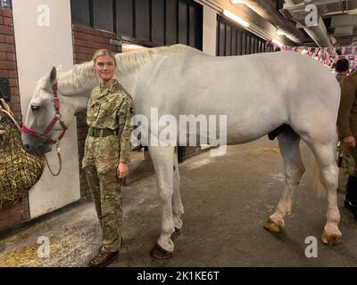 Trooper Tilly Bishop, un trompettiste du régiment des gardes de vie, à Hyde Park Barracks, Londres, qui sera dans le cortège funéraire de la reine Elizabeth II avec son cheval Platinum. Date de la photo: Lundi 19 septembre 2022. Banque D'Images