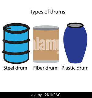 Trois types de fûts comme le fût en acier, en fibre et en plastique Illustration de Vecteur