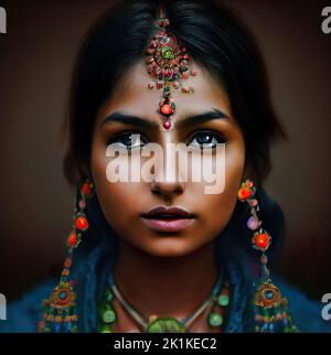 Portrait d'avatar conceptuel généré numériquement d'une belle jeune femme indienne avec une adresse ornée et des bijoux Banque D'Images