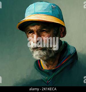 Portrait d'avatar conceptuel généré numériquement d'un homme américain caucasien âgé avec cheveux faciaux et chapeau Banque D'Images