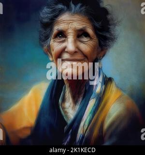 Portrait d'avatar conceptuel généré numériquement d'une femme méditerranéenne senior souriante Banque D'Images