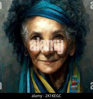 Portrait d'avatar conceptuel généré numériquement d'une femme méditerranéenne senior souriante Banque D'Images