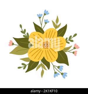 Arrangement floral isolé sur fond blanc. Jolies fleurs avec des feuilles et des brindilles. Illustration vectorielle à plat dessinée à la main. Parfait pour les cartes Illustration de Vecteur