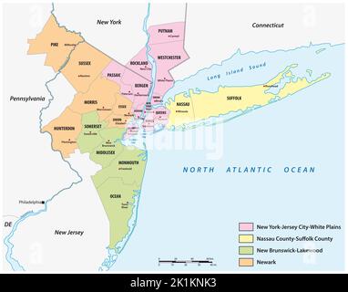 Carte des comtés des quatre divisions de la région métropolitaine de New York Banque D'Images