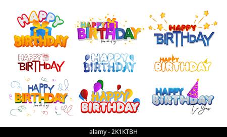 Coloré message anniversaire fête calligraphie. Collection d'icônes. Jeu d'illustrations vectorielles à inscriptions colorées isolées. Joyeux anniversaire conce Illustration de Vecteur