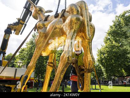 Utrecht, pays-Bas. 19th septembre 2022. 2022-09-19 13:20:03 UTRECHT - le placement de la grande statue de veau d'or, l'icône du Festival du film des pays-Bas (NFF) au Stadschouwburg Utrecht. Utrecht sera rebaptisée capitale du cinéma des pays-Bas pour une semaine et demie, où sont présentés les derniers longs métrages, documentaires, animations, courts métrages, séries et productions VR.ANP JEROEN JUMELET pays-bas Out - belgique Out Credit: ANP/Alay Live News Banque D'Images