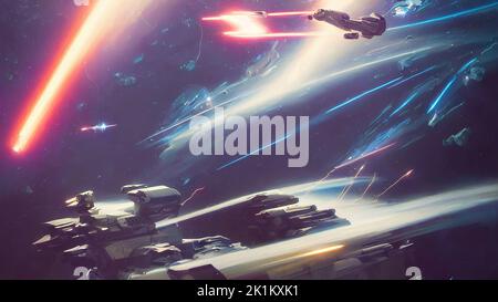 Bataille spatiale, les vaisseaux spatiaux se battent, tirent à partir de pistolets laser, explosions et étincelles. Détruit le vaisseau spatial. 3d illustration Banque D'Images