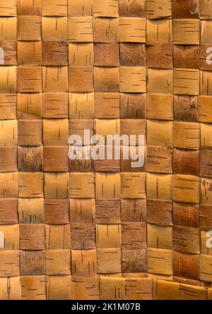 Arrière-plan en osier provenant de bandes d'écorce de bouleau. Matériau naturel. Texture des couches intérieures de l'écorce de bouleau de différentes couleurs avec motif de bande sombre Banque D'Images