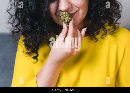 Femme adulte tenant dans la main des bourgeons de marijuana médicale, gros plan. Concept de la médecine de fines herbes et alternative Banque D'Images