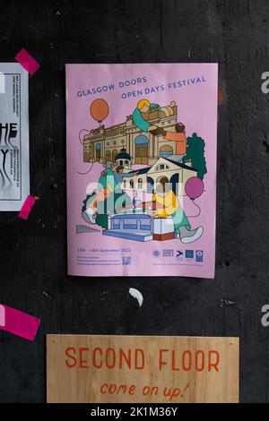 Affiche du festival des journées portes ouvertes de Glasgow, Glasgow, Écosse, Royaume-Uni Banque D'Images