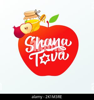 Bannière avec inscription Shana Tova, pomme, grenade et miel. Bonne année, vacances juives Rosh Hashanah. Illustration vectorielle Illustration de Vecteur