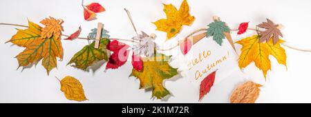 Composition créative de bordure de cadre d'automne avec feuilles d'automne. Les feuilles d'automne rouges et jaunes pendent sur corde à linge, sur fond blanc espace de copie pour t Banque D'Images