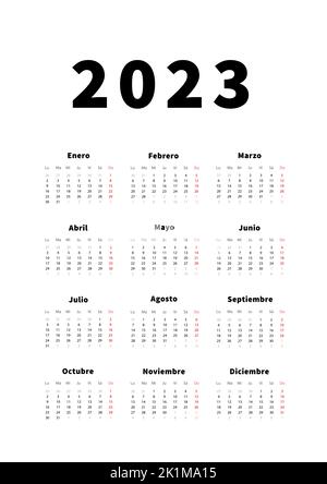 calendrier vertical simple de 2023 ans en espagnol, calendrier typographique en blanc Illustration de Vecteur