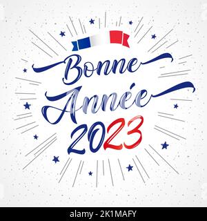 Bonne Annee texte français - carte de vacances du nouvel an 2023. 20 23 chiffres, étoiles bleues et calligraphie élégante. Illustration vectorielle Illustration de Vecteur