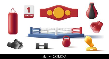la boxe attribue 3d icônes de la ceinture gagnant, l'anneau et les sacs de poinçonnage, isolés Illustration de Vecteur